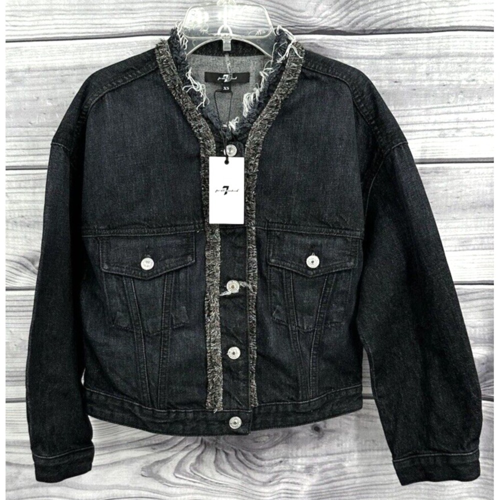 7 FOR ALL MANKIND RAW EDGE DENIM JEAN JACKET Women's Size XS BLACK